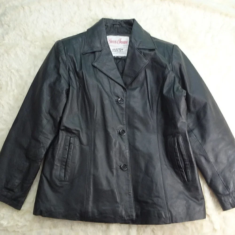 Gianni Ferrara Black Leather Lined Coat X-Large